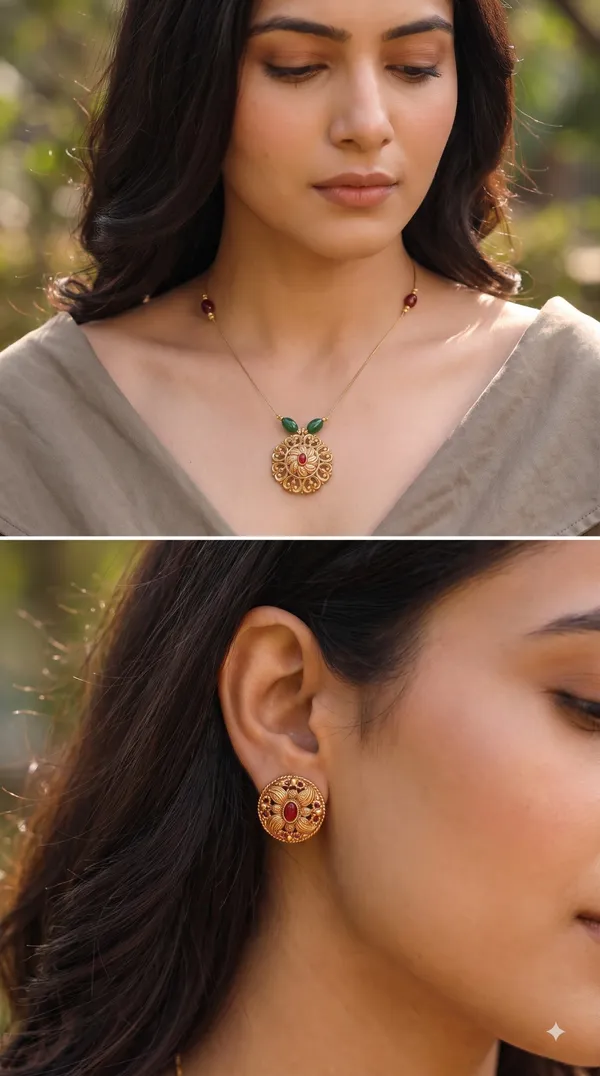 Elegant_Gold-Tone_Minimal_Pendant_Necklace_Set_with_Green_&_Red_Stone_Detailing_and_Matching_Stud_Earrings