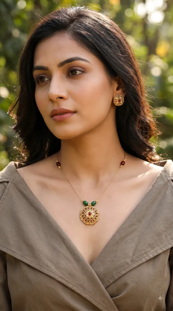 Elegant_Gold-Tone_Minimal_Pendant_Necklace_Set_with_Green_&_Red_Stone_Detailing_and_Matching_Stud_Earrings