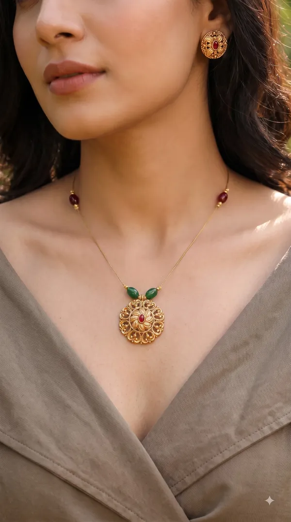 Elegant_Gold-Tone_Minimal_Pendant_Necklace_Set_with_Green_&_Red_Stone_Detailing_and_Matching_Stud_Earrings