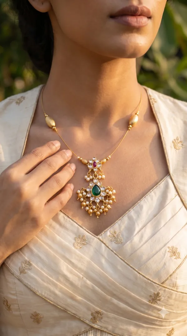 Elegant_Gold-Tone_Minimal_Pendant_Necklace_Set_with_Green_&_Red_Stone_Detailing