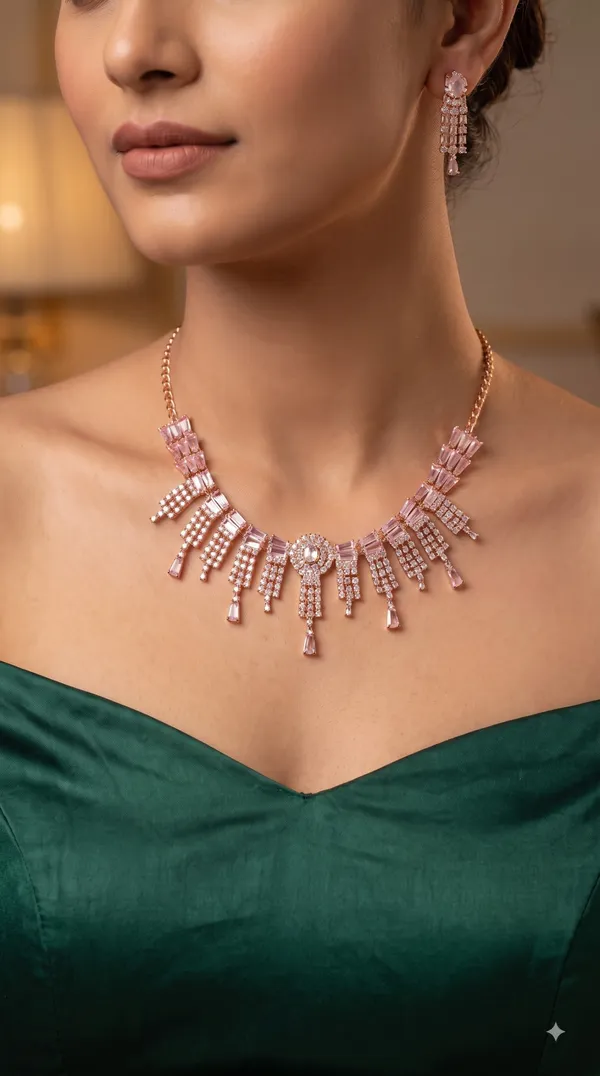 Rose_Gold_Crystal_Fringe_Necklace_Set_with_Sparkling_Baguette_Stones_&_Matching_Drop_Earrings