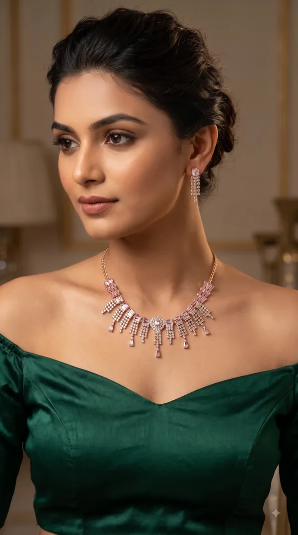 Rose_Gold_Crystal_Fringe_Necklace_Set_with_Sparkling_Baguette_Stones_&_Matching_Drop_Earrings