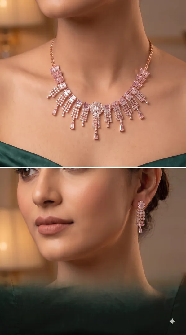 Rose_Gold_Crystal_Fringe_Necklace_Set_with_Sparkling_Baguette_Stones_&_Matching_Drop_Earrings