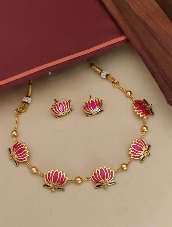 High_Gold_Plated_Meena_Work_Pink_Lotus_Necklace_With_Earrings_For_Women