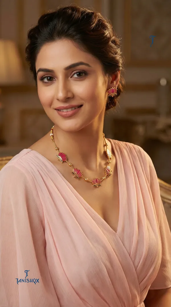 High_Gold_Plated_Meena_Work_Pink_Lotus_Necklace_With_Earrings_For_Women