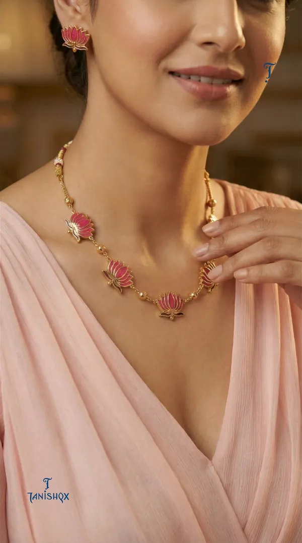 High_Gold_Plated_Meena_Work_Pink_Lotus_Necklace_With_Earrings_For_Women