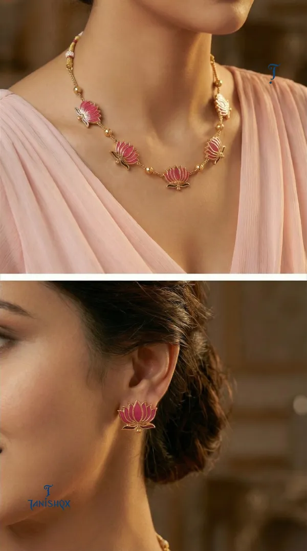 High_Gold_Plated_Meena_Work_Pink_Lotus_Necklace_With_Earrings_For_Women