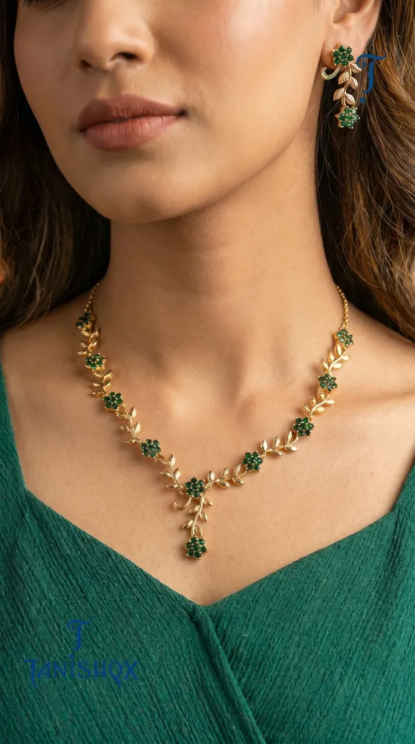 Rose_Gold_Floral_Vine_Necklace_&_Earrings_Set_With_Green_Stone_Detailing
