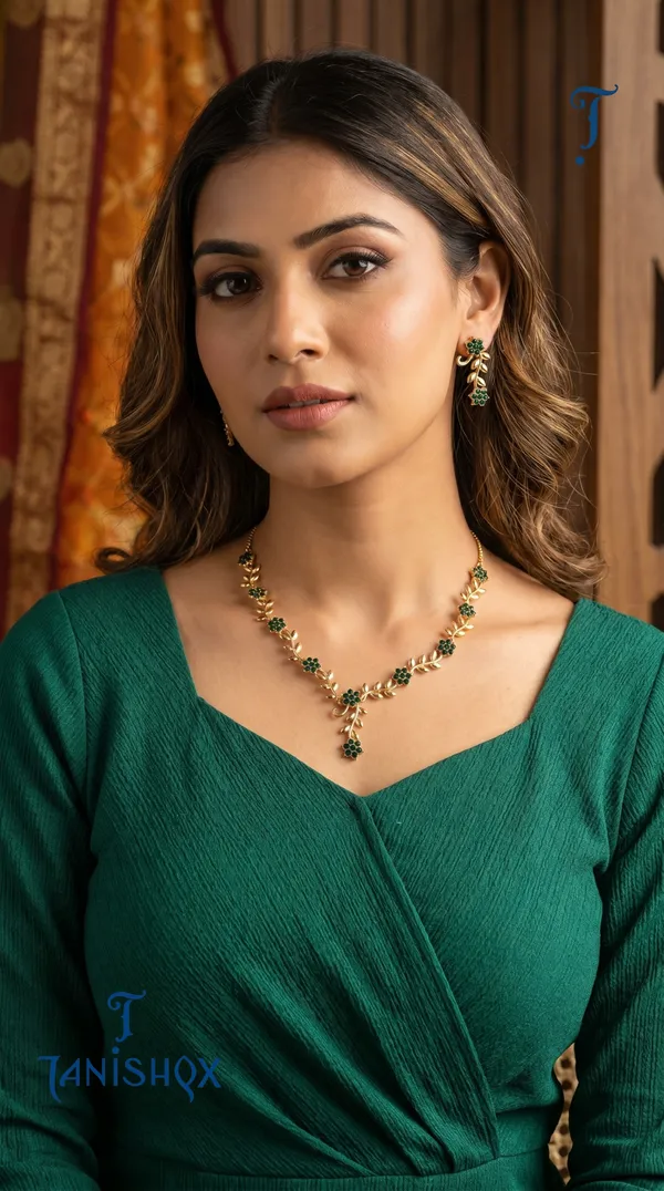 Rose_Gold_Floral_Vine_Necklace_&_Earrings_Set_With_Green_Stone_Detailing