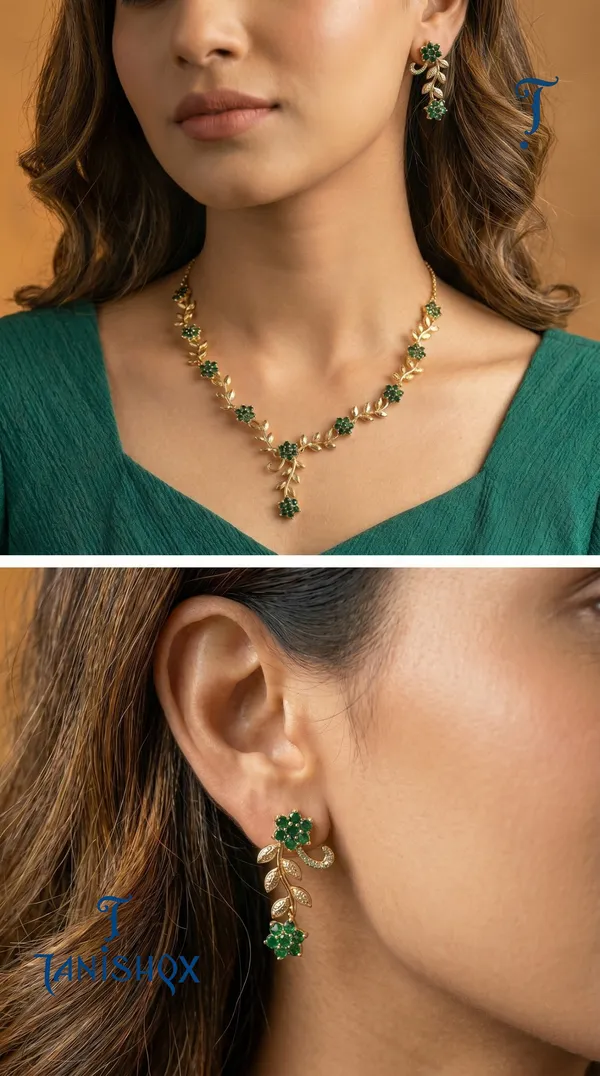 Rose_Gold_Floral_Vine_Necklace_&_Earrings_Set_With_Green_Stone_Detailing