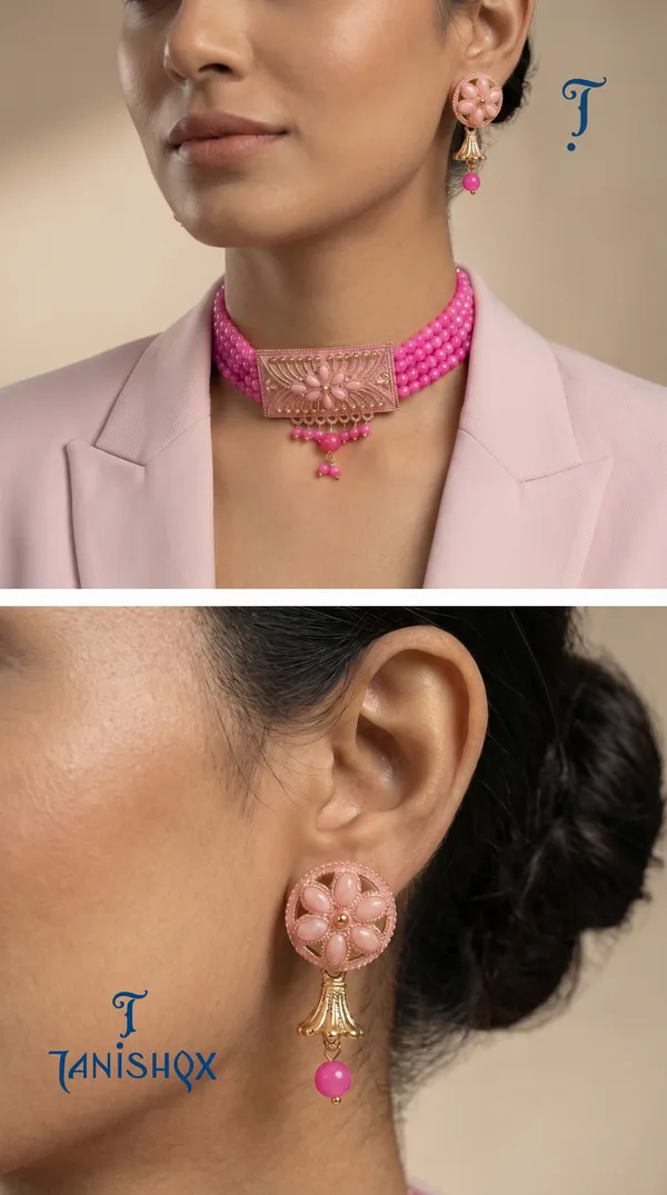 Pink_Floral_Choker_Necklace_Set_With_Earrings