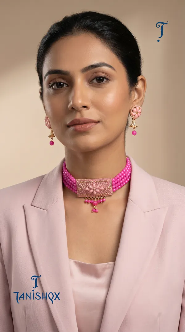 Pink_Floral_Choker_Necklace_Set_With_Earrings