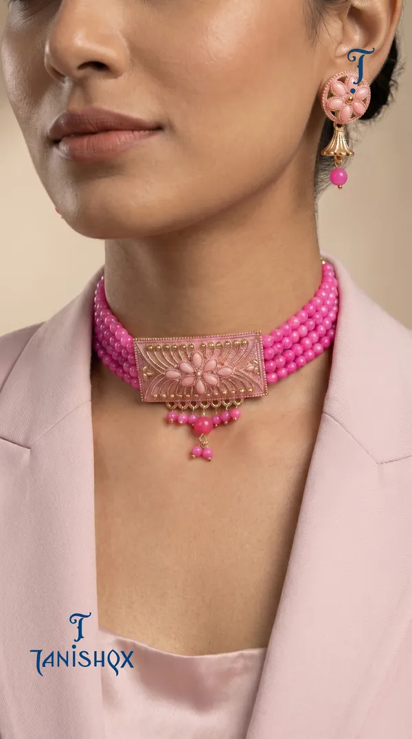 Pink_Floral_Choker_Necklace_Set_With_Earrings