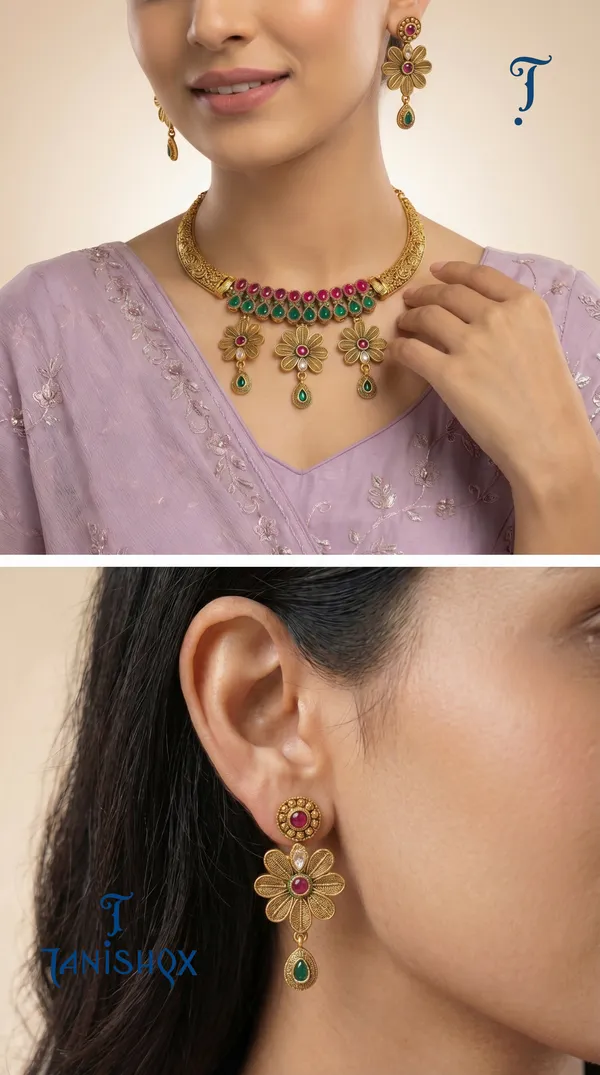 Flower_Design_Gold_Necklace_Set_With_Hanging_Drops_&_Earrings
