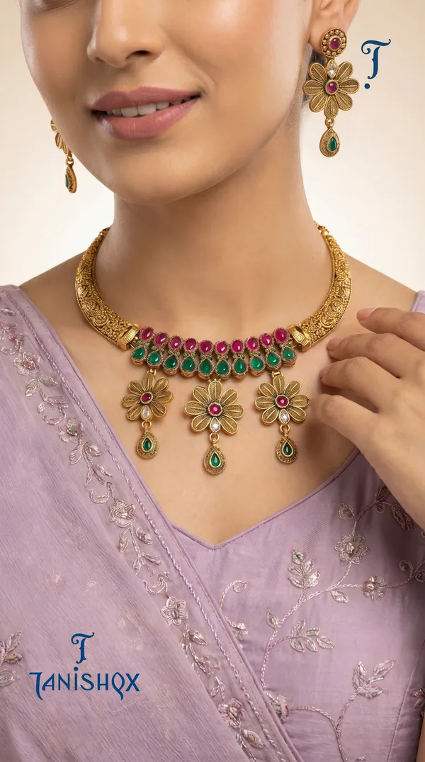 Flower_Design_Gold_Necklace_Set_With_Hanging_Drops_&_Earrings