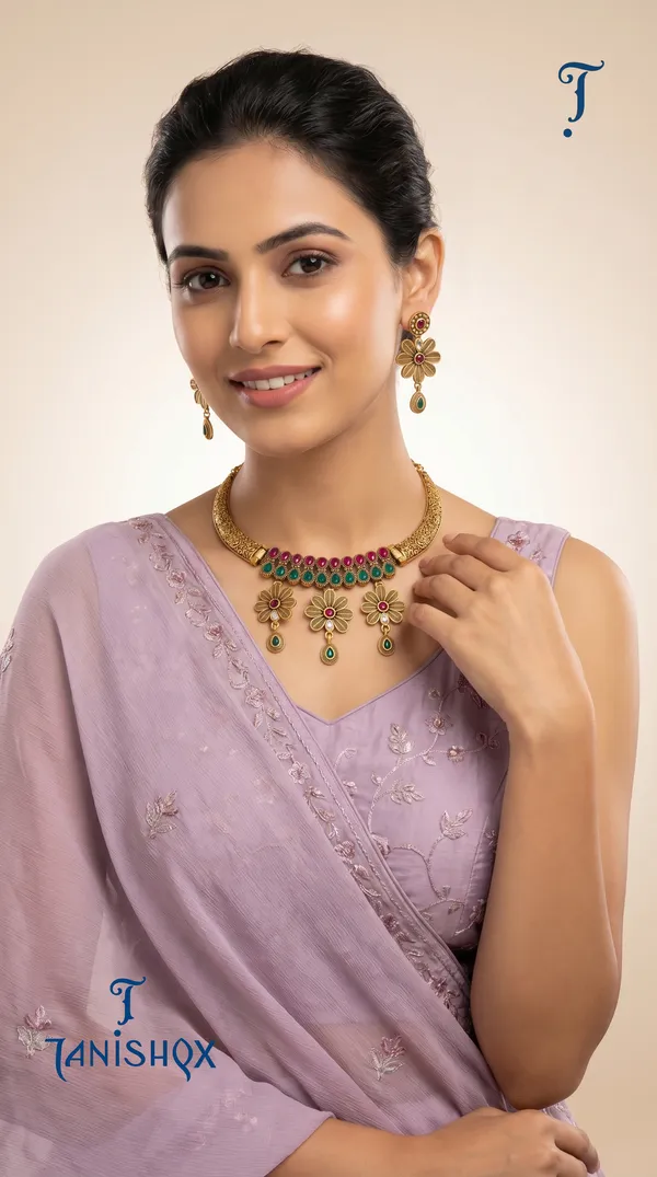 Flower_Design_Gold_Necklace_Set_With_Hanging_Drops_&_Earrings