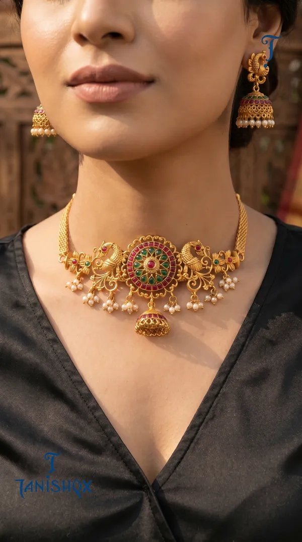 Antique_Gold_Ruby_Beads_Elephant_Design_Choker_Necklace_Set