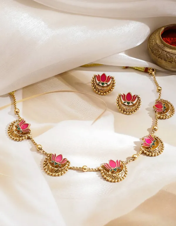 High_Gold_Plated_Meena_Work_Pink_Lotus_Necklace_With_Earrings_For_Women