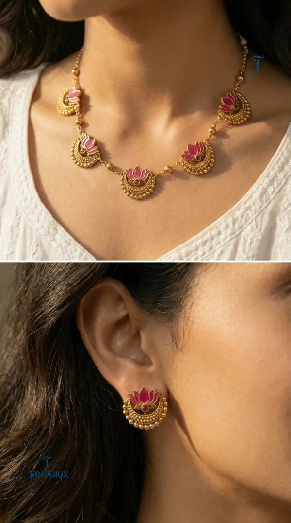 High_Gold_Plated_Meena_Work_Pink_Lotus_Necklace_With_Earrings_For_Women