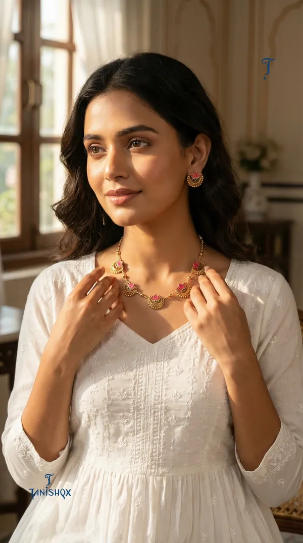 High_Gold_Plated_Meena_Work_Pink_Lotus_Necklace_With_Earrings_For_Women