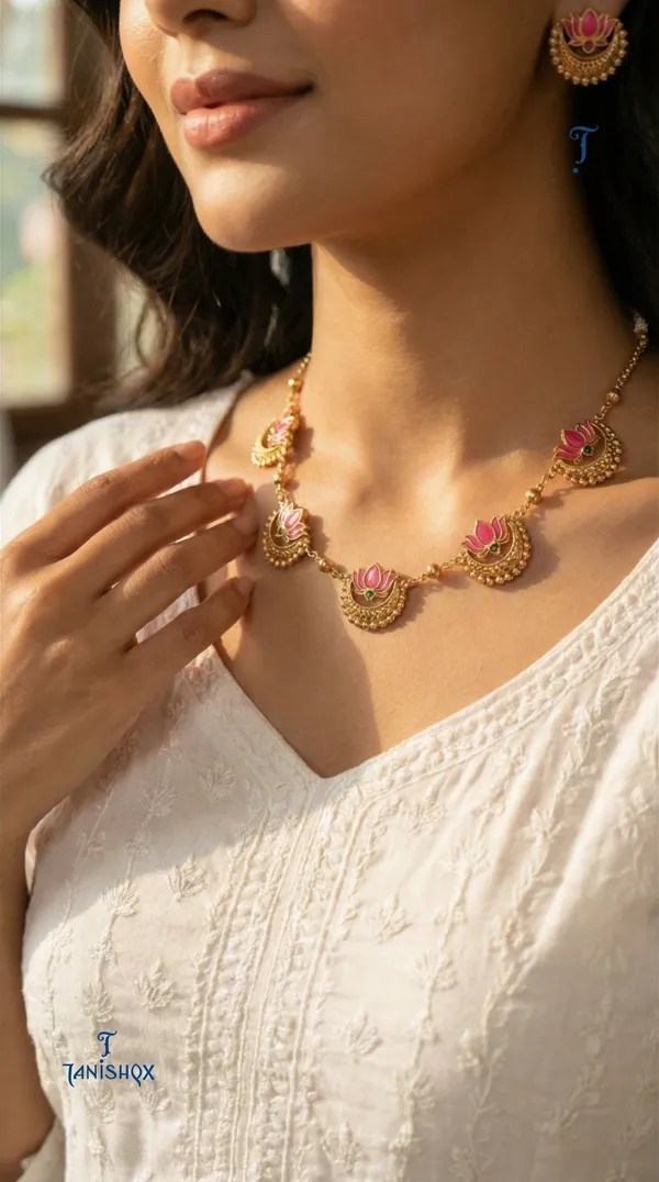 High_Gold_Plated_Meena_Work_Pink_Lotus_Necklace_With_Earrings_For_Women