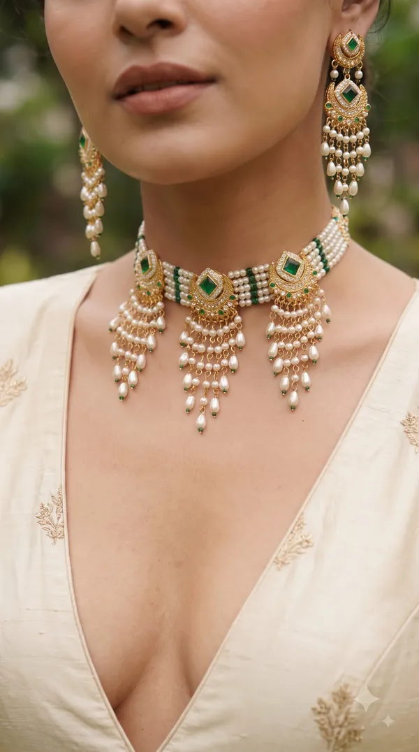 Women�s_Pearl_Choker_Necklace_Set_with_Earrings,_Multi-Layer_Green_Stone_Ethnic_Jewellery