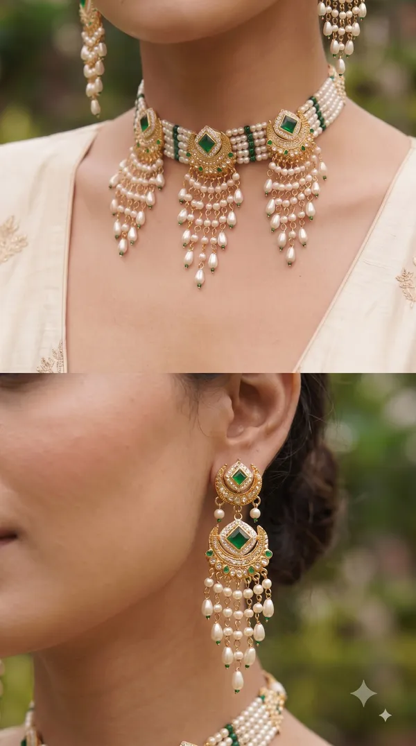 Women�s_Pearl_Choker_Necklace_Set_with_Earrings,_Multi-Layer_Green_Stone_Ethnic_Jewellery