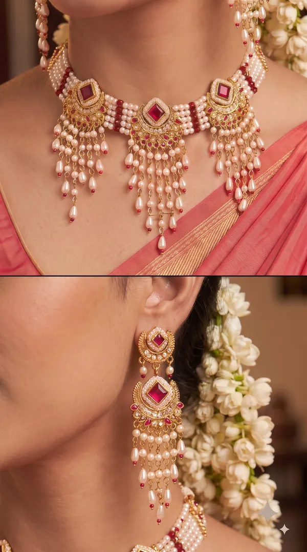 Women�s_Pearl_Choker_Necklace_Set_with_Earrings,_Multi-Layer_Red_Stone_Ethnic_Jewellery