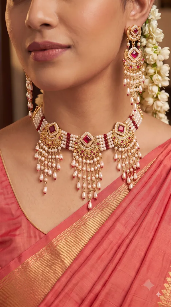 Women�s_Pearl_Choker_Necklace_Set_with_Earrings,_Multi-Layer_Red_Stone_Ethnic_Jewellery