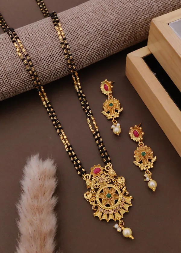 Micro_Gold_Plated_Diamond_Studded_Fancy_Flower_Square_Mangalsutra_Set_With_Earrings
