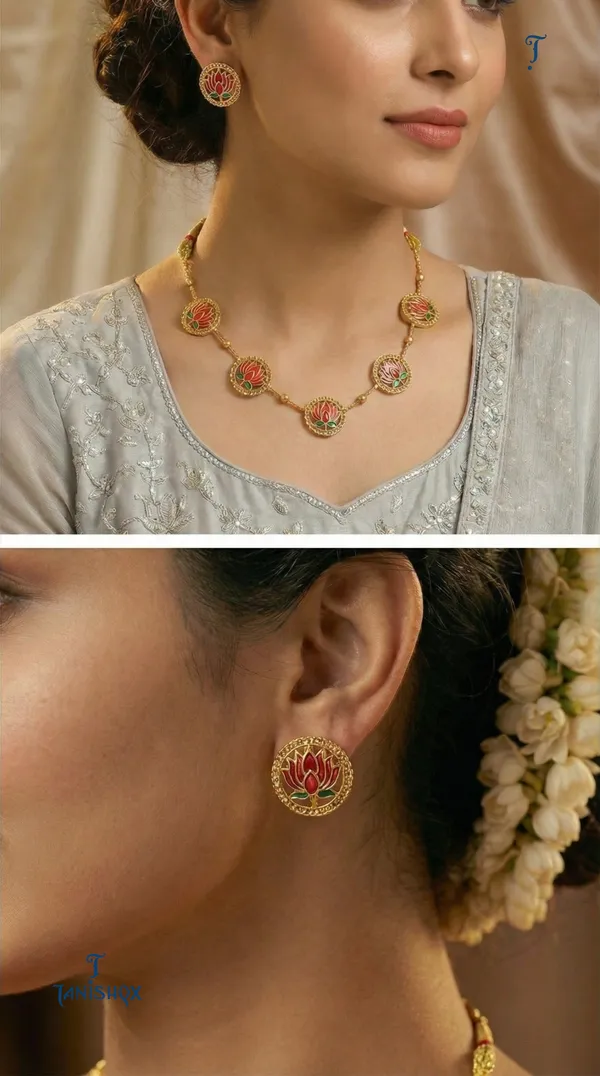 High_Gold_Plated_Meena_Work_Pink_Lotus_Necklace_With_Earrings_For_Women
