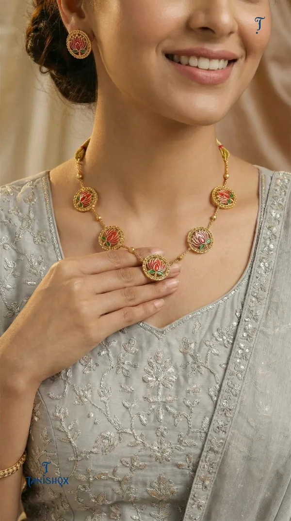 High_Gold_Plated_Meena_Work_Pink_Lotus_Necklace_With_Earrings_For_Women