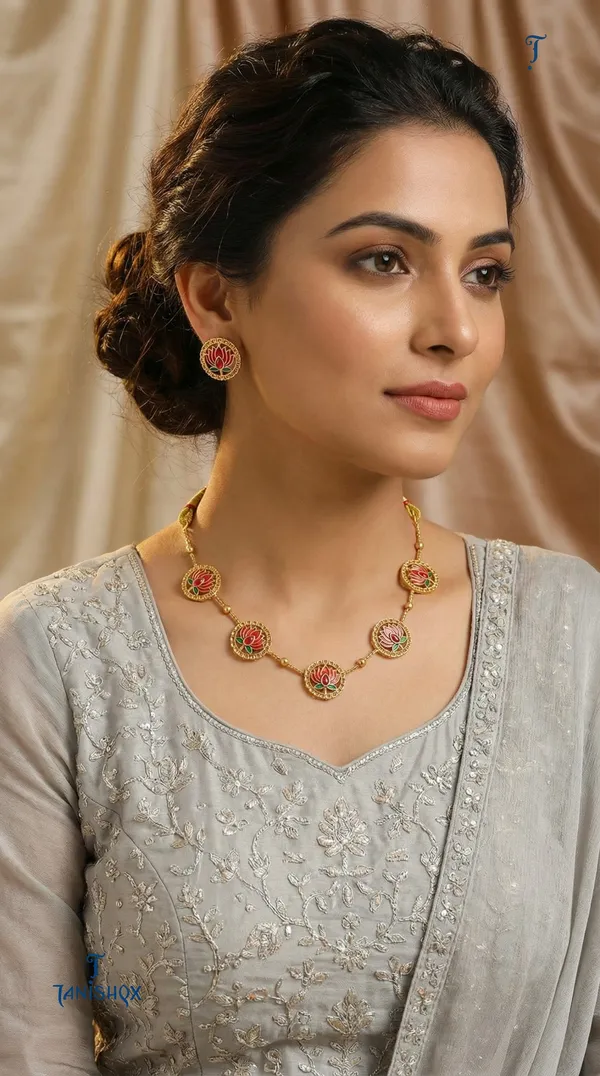High_Gold_Plated_Meena_Work_Pink_Lotus_Necklace_With_Earrings_For_Women