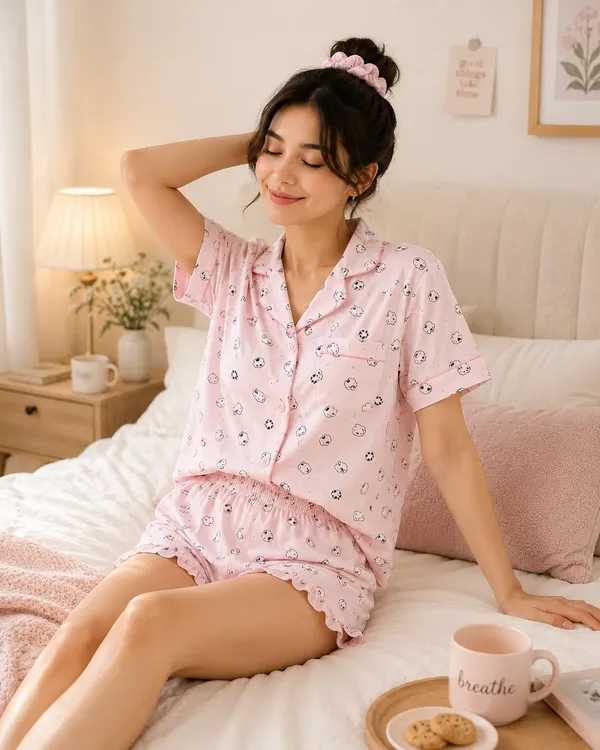 Pink_Korean_4-Piece_Cotton_Night_Dress_Set_for_Women_|_Shirt,_Shorts,_Pajama_&_Matching_Scrunchie_|_Soft,_Breathable_Sleepwear_|_House_of_Seeratt