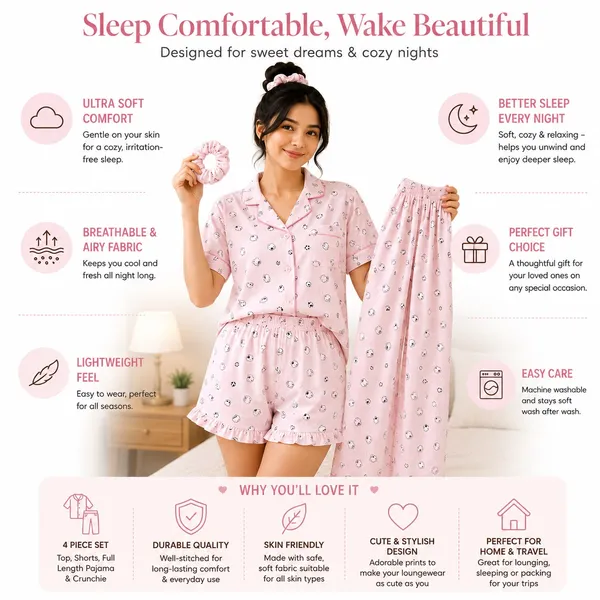Pink_Korean_4-Piece_Cotton_Night_Dress_Set_for_Women_|_Shirt,_Shorts,_Pajama_&_Matching_Scrunchie_|_Soft,_Breathable_Sleepwear_|_House_of_Seeratt