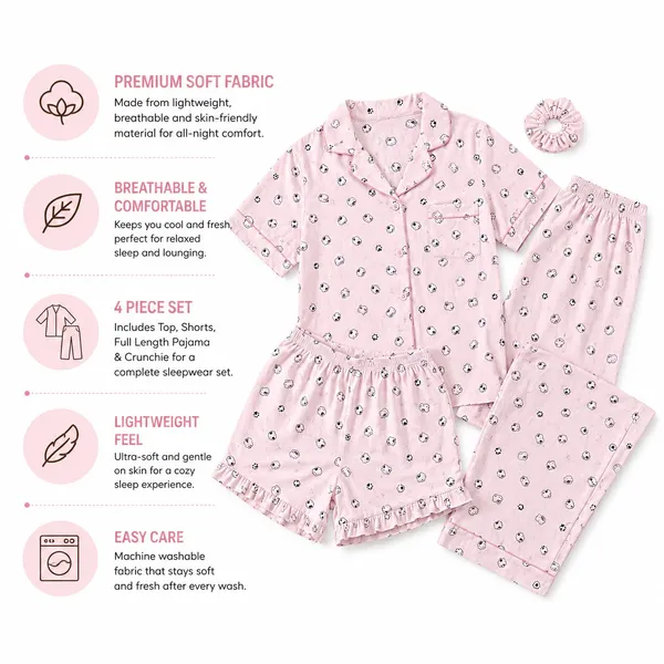 Pink_Korean_4-Piece_Cotton_Night_Dress_Set_for_Women_|_Shirt,_Shorts,_Pajama_&_Matching_Scrunchie_|_Soft,_Breathable_Sleepwear_|_House_of_Seeratt