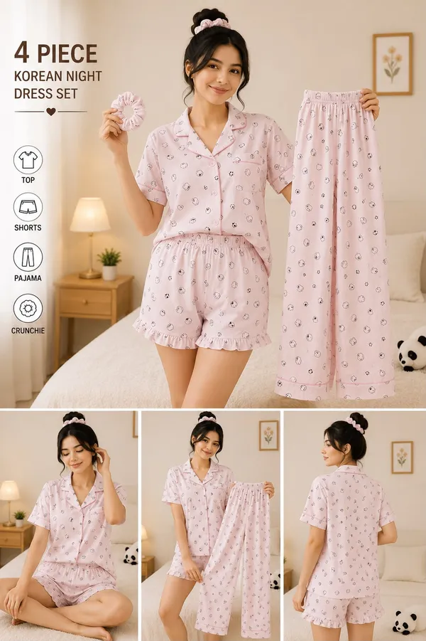 Pink_Korean_4-Piece_Cotton_Night_Dress_Set_for_Women_|_Shirt,_Shorts,_Pajama_&_Matching_Scrunchie_|_Soft,_Breathable_Sleepwear_|_House_of_Seeratt