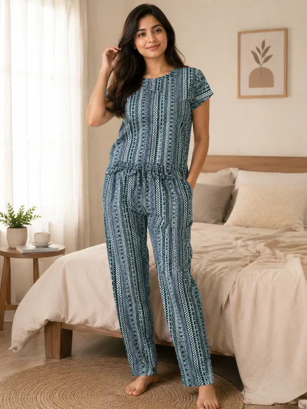 Steel_Blue_Pattern_Hosiery_Night_Suit_For_Women