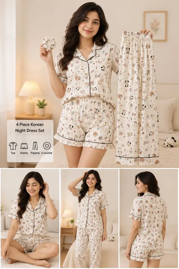 Ivory_Cream_Korean_4-Piece_Cotton_Night_Dress_Set_|_Shirt,_Shorts,_Pajama_&_Matching_Scrunchie_|_Soft_&_Breathable_Sleepwear_for_Women