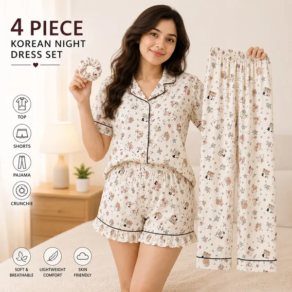 Ivory_Cream_Korean_4-Piece_Cotton_Night_Dress_Set_|_Shirt,_Shorts,_Pajama_&_Matching_Scrunchie_|_Soft_&_Breathable_Sleepwear_for_Women