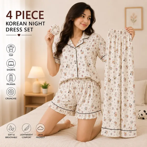 Ivory_Cream_Korean_4-Piece_Cotton_Night_Dress_Set_|_Shirt,_Shorts,_Pajama_&_Matching_Scrunchie_|_Soft_&_Breathable_Sleepwear_for_Women