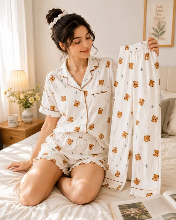 Teddy_Ivory_Korean_4-Piece_Cotton_Night_Dress_Set_|_Shirt,_Shorts,_Pajama_&_Matching_Scrunchie_|_Soft_&_Breathable_Sleepwear_for_Women