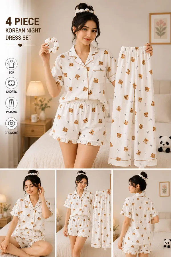 Teddy_Ivory_Korean_4-Piece_Cotton_Night_Dress_Set_|_Shirt,_Shorts,_Pajama_&_Matching_Scrunchie_|_Soft_&_Breathable_Sleepwear_for_Women