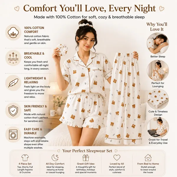 Teddy_Ivory_Korean_4-Piece_Cotton_Night_Dress_Set_|_Shirt,_Shorts,_Pajama_&_Matching_Scrunchie_|_Soft_&_Breathable_Sleepwear_for_Women
