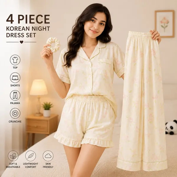 4_Piece_Korean_Night_Dress_Set_|_Cotton_Sleepwear_with_Shirt,_Shorts,_Pajama_&_Matching_Scrunchie_|_Soft,_Breathable,_Lightweight_Loungewear_for_Women
