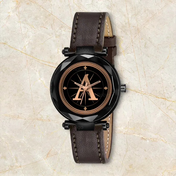 Sky_Mart_Alphabet_A_New_Arrival_Stylish_Analog_Wrist_Watch_For_Women_And_Girls_Classic_Round_Black_Dial_With_Trendy_Brown_Leather_Strap
