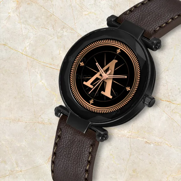 Sky_Mart_Alphabet_A_New_Arrival_Stylish_Analog_Wrist_Watch_For_Women_And_Girls_Classic_Round_Black_Dial_With_Trendy_Brown_Leather_Strap