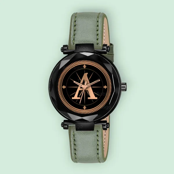 Sky_Mart_Alphabet_A_New_Arrival_Stylish_Analog_Wrist_Watch_For_Women_And_Girls_Classic_Round_Black_Dial_With_Trendy_Green_Leather_Strap