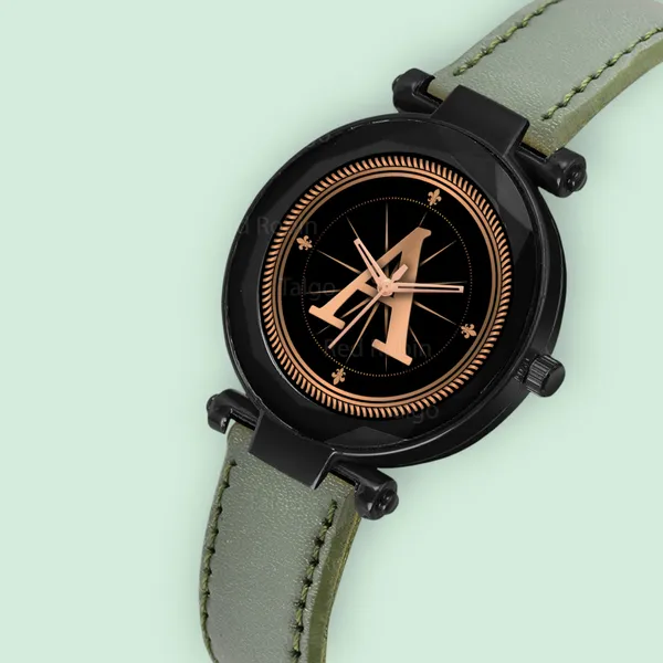 Sky_Mart_Alphabet_A_New_Arrival_Stylish_Analog_Wrist_Watch_For_Women_And_Girls_Classic_Round_Black_Dial_With_Trendy_Green_Leather_Strap