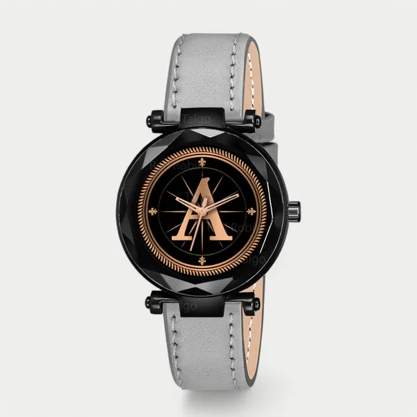 Sky_Mart_Alphabet_A_New_Arrival_Stylish_Analog_Wrist_Watch_For_Women_And_Girls_Classic_Round_Black_Dial_With_Trendy_Grey_Leather_Strap